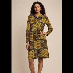 Unique Vintage Yellow and Black Patterned Midi Dress